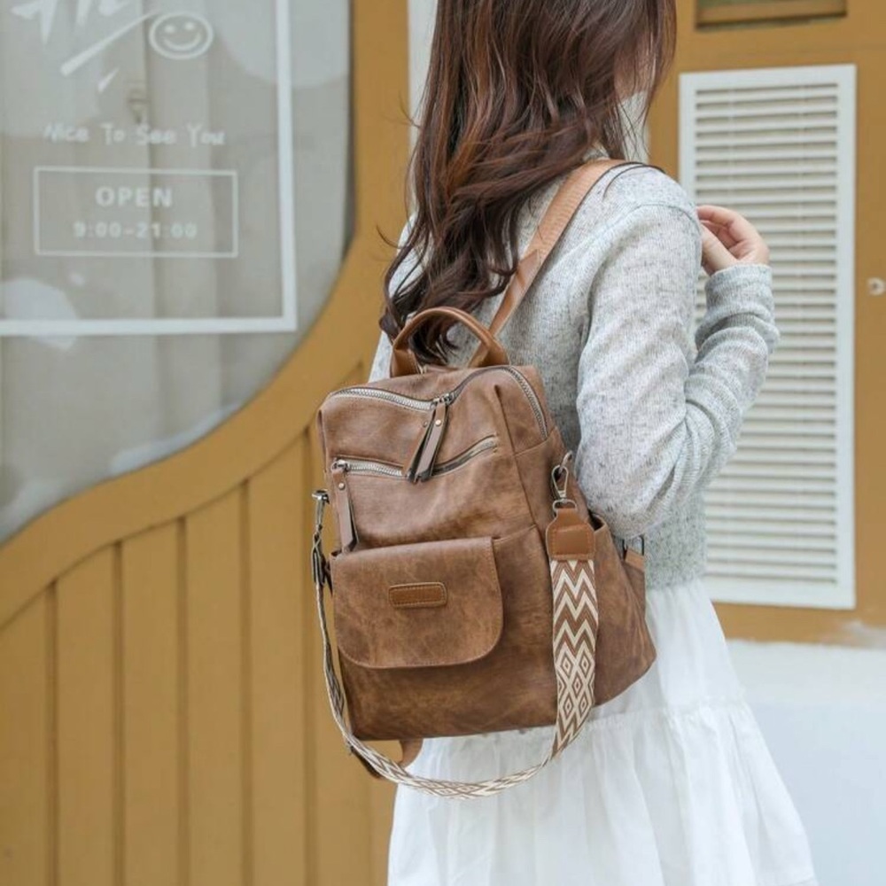 Brown Leather Canvas Backpack - Picture 5 of 10